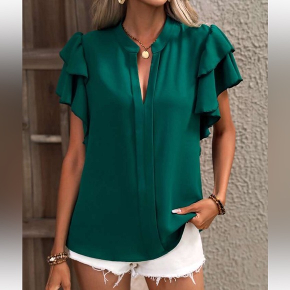 Elegant Classic Ruffle Butterfly Flutter Sleeve Top Blouse Shirt Yellow - Picture 6 of 16